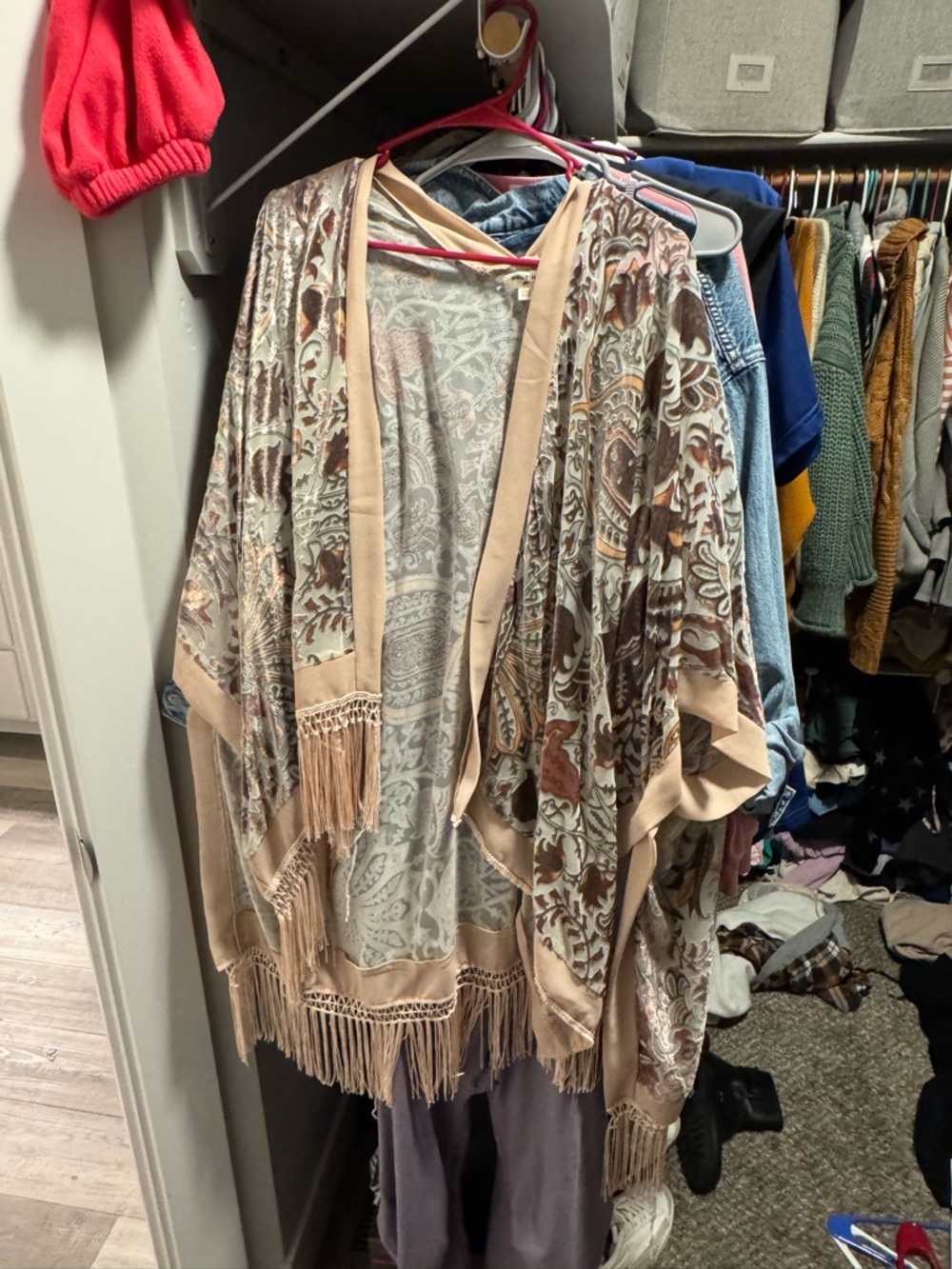 Cost Plus World Market Beige and Brown Paisley Fringe Kimono